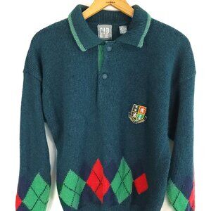 Vtg Gap Sweater Men's Small Green Blue Red Argyle Diamond Pullover Long Sleeve